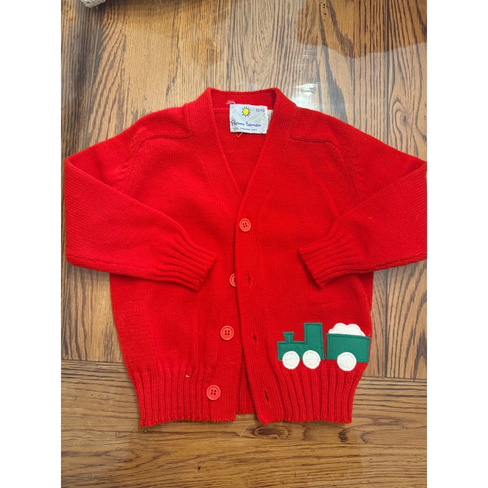 Florence Eiseman Cardigan Kids 2T/3T Red Vintage Train Knit Sweater